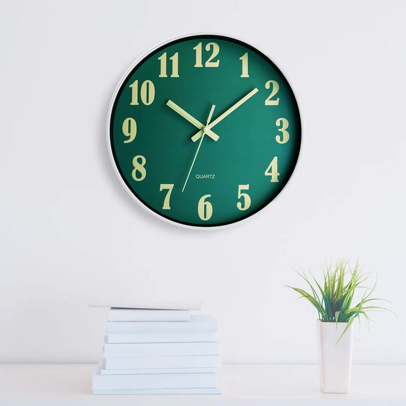 JoFomp Glow in The Dark Clock, 12 Inch Modern Silent Non Ticking Wall Clocks Battery Operated, Night Light Wall Clock for Living Room Decor, Wall Clock Decorative for Kitchen Bedroom (Green) - Image 3